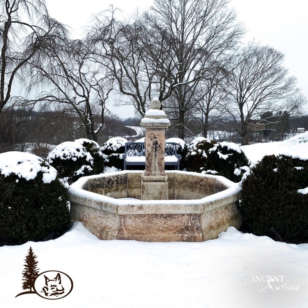 Oolitic Limestone, Fountain, Ancient Surfaces, Outdoor Design, Craftsmanship, Artisan-Crafted, Stunning Visuals, Aesthetic Value, Snow, Snowy fountain, winter.
Ancient Surfaces